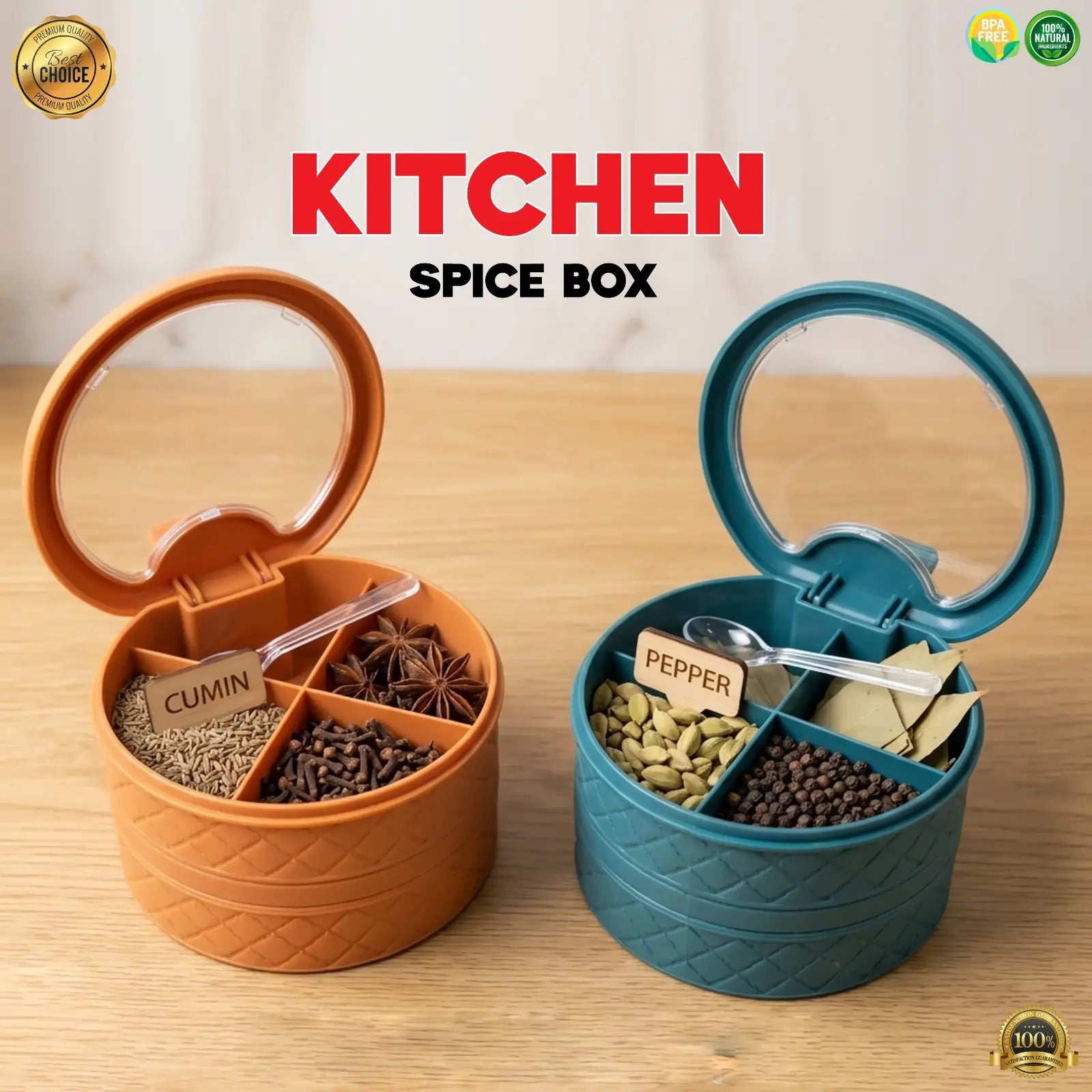 Multi-Compartment Spice Box with Lid & Spoons